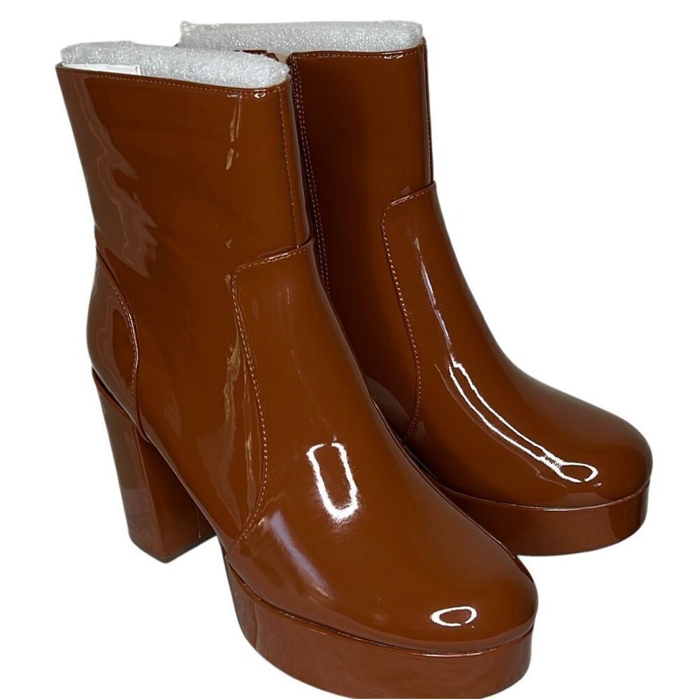 Faux Patent Leather Platform Ankle Boots Brown Size 11 New